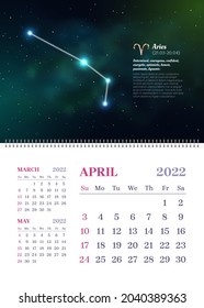 Wall zodiac calendar of April in vertical format. 2022 scheduler, planner, stationery organizer, week starts Sunday. Aries constellation astrological symbol on dark blue starry background