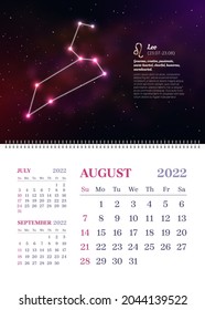 Wall zodiac calendar of August in vertical format. 2022 scheduler, planner, stationery organizer, week starts Sunday. Leo constellation astrological symbol on dark blue starry background
