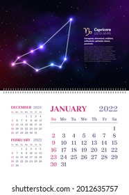 Wall zodiac calendar of January in vertical format. 2022 scheduler, planner, stationery organizer, week starts Sunday. Capricorn constellation astrological symbol on dark blue starry background