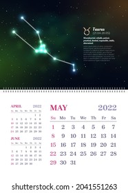 Wall zodiac calendar for May in vertical format. 2022 scheduler, planner, stationery organizer, week starts Sunday. Taurus constellation astrological symbol on dark blue starry background
