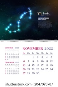 Wall zodiac calendar of November in vertical format. 2022 scheduler, planner, stationery organizer, week starts Sunday. Scorpio constellation astrological symbol on dark blue starry background