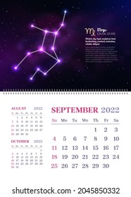 Wall zodiac calendar of September in vertical format. 2022 scheduler, planner, stationery organizer, week starts Sunday. Virgo constellation astrological symbol on dark blue starry background
