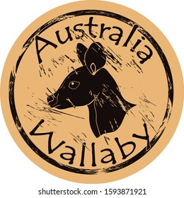 Wallaby profile head silhouette icon vector round shabby emblem design, old retro style. Australian animal logo mail stamp on craft paper. Realistic wallaby design shape vintage grunge sign.