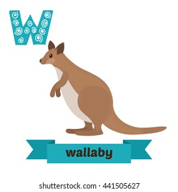 Wallaby. W letter. Cute children animal alphabet in vector. Funny cartoon animals. Vector illustration