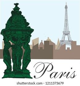 A Wallace fountain located in the Montmartre district of Paris. Designer, Charles-Auguste Lebourg. Material, Cast iron. Beginning date, 1872. France. Hand drawed vector illustration.