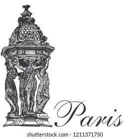 The Wallace Fountain is one of the recognizable symbols of Paris, and the Montmartre district in Paris was created in 1872. France.   France. Vector hand drawed sketch.