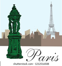 The Wallace Fountain is one of the recognizable symbols of Paris,  was created in 1872. France.
Hand drawed vector illustration