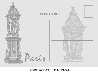 The Wallace Fountain is one of the recognizable symbols of Paris, was created in 1872. France.
Hand drawed vector postcard in egraved style
