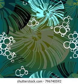 Wallart  sea shell. Curl mollusk.  Spiral seashell. Blue and white nautilus and bubbles element for print. Bright fungus textile pattern. Flower seamless.   Abstract mushroom fabric for summer dress.