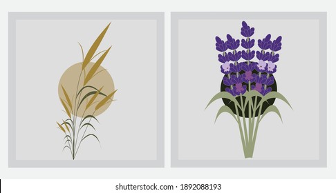 conjunto de wallart vectorial lavanda y pasto, conjunto de mallart botánico