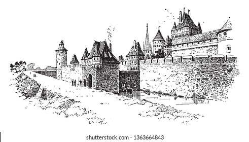 Walled Town During The Middle Ages, Vintage Line Drawing Or Engraving Illustration.