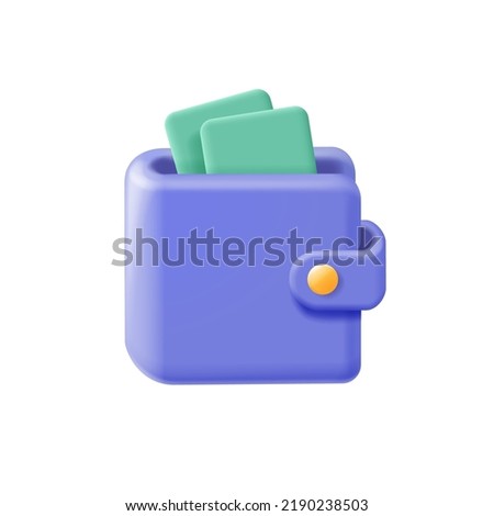 Wallet 3d icon isolated on white background. Money, cash in wallet, savings sign, Vector