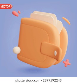 Wallet 3d icon, pocket for money cash and bank cards in front and angle views. Vector illustration of purple purse for bills and banknotes isolated on background