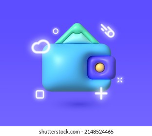 Wallet 3d Neon Vector Illustration. Online banking. Realistic isolated vector. 3d render vector illustration