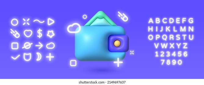 Ilustración del vector neón 3d de cartera. Banca en línea. Vector aislado realista. Ilustración vectorial de 3d