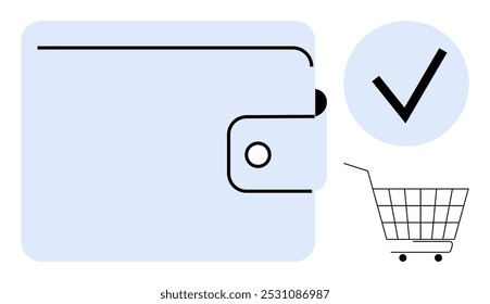 Wallet alongside a checkmark and shopping cart. Ideal for e-commerce, secure transactions, online payments, financial management, digital wallets. Simple clean style. Colors are light blue and black