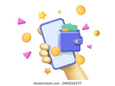App de billetera en la pantalla del teléfono inteligente con tarjeta de crédito y monedas. Teléfono inteligente de mano, Cuenta de billetera móvil. Pago móvil digital, banca por internet, ahorro de dinero, concepto financiero.