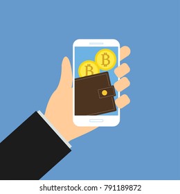 Wallet app page with bitcoins on smartphone screen. Hand hold smartphone. Mobile wallet account. Modern concept for web banner, web site, infographic. Creative flat design illustration