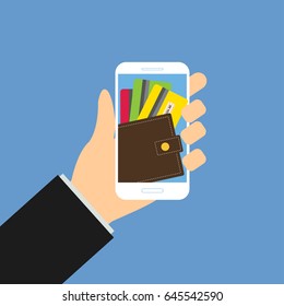 Wallet app page on smartphone screen. Hand hold smartphone. Mobile wallet account. Modern concept for web banner, web site, infographic. Creative flat design illustration