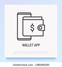 Wallet app thin line icon: wallet in smartphone thin line icon. Modern vector illustration.