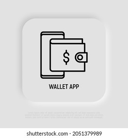 Icono de línea delgada de la aplicación de cartera: en el icono de la línea delgada del smartphone. Ilustración vectorial moderna.