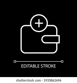 Wallet app white linear icon for dark theme. Tracking money spending. Mobile wallet passes. Thin line customizable illustration. Isolated vector contour symbol for night mode. Editable stroke