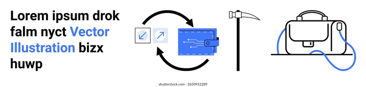 Carteira com setas, martelo e pasta com cabo azul. Ideal para transações digitais, finanças, e-commerce, ferramentas de negócios, soluções de trabalho, aplicativos de serviço, serviços técnicos. Página inicial
