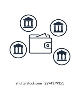 Wallet associated with different banks. financial efficiency, operativeness.Vector linear icon isolated on white background.
