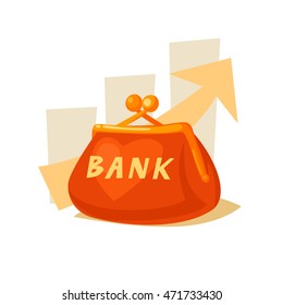 Wallet and bank in cartoon style. Vector illustration on white background.