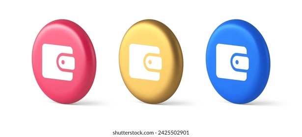 Wallet banking cash money button budget accounting financial business shopping 3d realistic blue gold and pink icons. Currency exchange payment transfer coin storage web app design