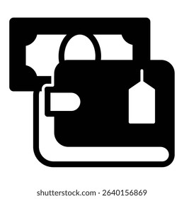 Wallet and banknote solid icon, black friday concept. Vector graphics. Leather purse and paper bill, payment sign on white background, style mobile or design