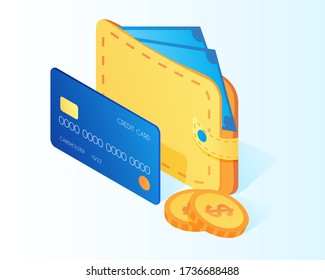 wallet with banknotes, coins and Bank card. vector isometric flat illustration. concept of online payment and banking, electronic money.