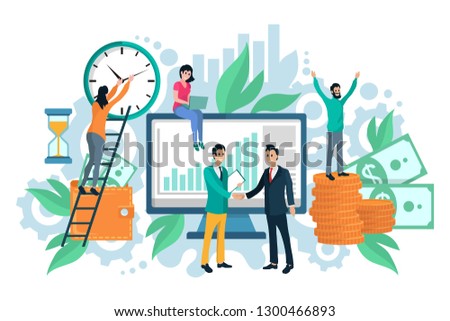 Wallet and banknotes or coins, time money concept vector. Clock and hourglass, laptop and computer monitor, men and women, business partners, green plants