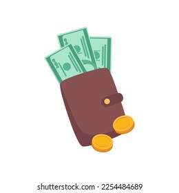 Cartera con billetes y monedas de oro ilustración vectorial. Dibujo de caricatura de una billetera con dinero o dinero en efectivo para viajes, aventura o elemento de viaje aislado en fondo blanco. Finanzas, concepto de turismo