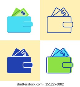 Wallet with banknotes icon set in flat and line style. Finance and money symbol isolated. Vector illustration.