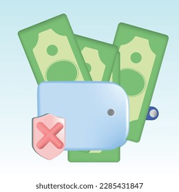 Cartera con billetes dentro de la caja de billetes sin asegurar la confirmación mediante protección contra el escudo rojo. Concepto de seguridad monetaria. Ilustración vectorial 3D aislada en fondo azul.