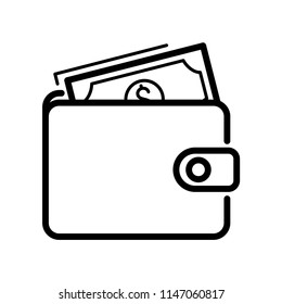 Wallet with banknotes, simple design, stroke outline style. Line vector. Isolate on white background.
