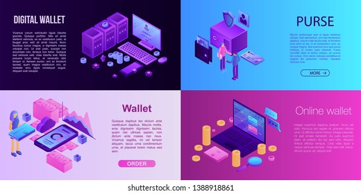Wallet banner set. Isometric set of wallet vector banner for web design