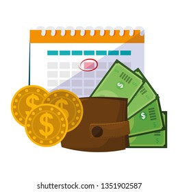 wallet with bills dollars with calendar