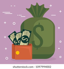 wallet with bills dollars and sack