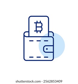 Wallet with bitcoin bill in it. Digital currency payment, cash out and reload. Secure transactions. Pixel perfect, editable stroke icon