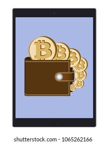 wallet with bitcoin coins on a tablet screen on  white background , crypto currency coins in the wallet, color design concept