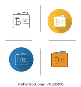 Wallet with bitcoin icon. Flat design, linear and color styles. Online banking. Cryptocurrency payment. Isolated vector illustrations