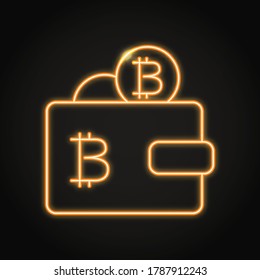 Wallet with bitcoin icon in neon style. Cryptocurrency saving or payment symbol. Vector illustration.