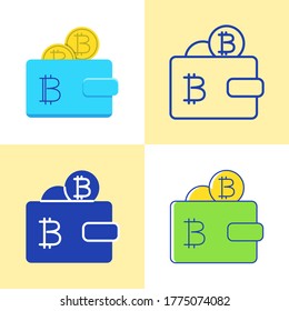 Cartera con icono de bitcoin establecido en estilo plano y de línea. Símbolo de pago o ahorro de criptodivisa. Ilustración vectorial.