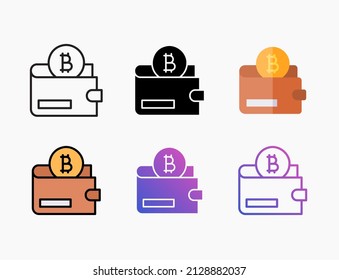 Wallet bitcoin icon set with line, outline, flat, filled, glyph, color, gradient. Editable stroke and pixel perfect. Can be used for digital product, presentation, print design and more.