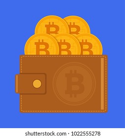 Wallet with bitcoin icon. Vector flat cartoon illustration