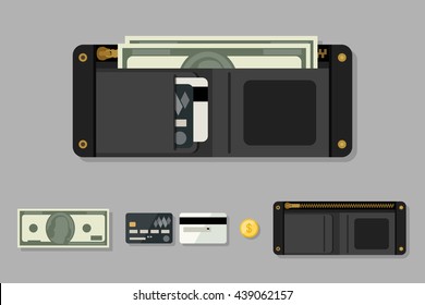 Wallet black with money in flat style. Icons of coin, wallet, credit cards.