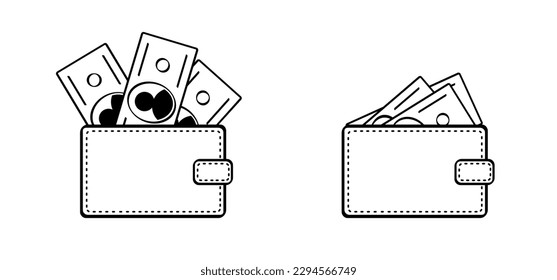 Wallet. Bribe. Cartoon bundle wallet paper money. Vector money notes or money bill. Bills for cash and currency. Banknotes, banking finance investment. Transaction, transfer concept. Pay or buy.