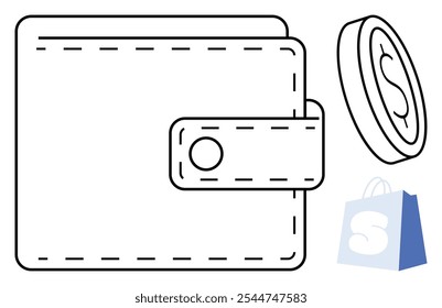 Cartera con cierre de Botón junto a una moneda y una cesta de la compra con una letra S. Ideal para compras online, finanzas, comercio electrónico y transacciones monetarias. Estilo de dibujo de línea minimalista